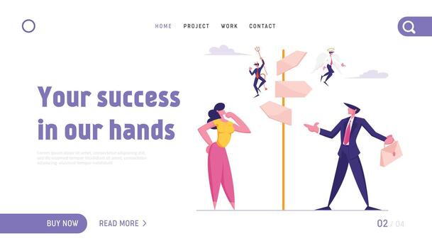 Choice Way and Doubts in Business Life Website Landing Page. Businessman and Businesswoman Stand on Crossroad Fork with Angel and Demon on Pointer Web Page Banner. Cartoon Flat Illustration vector