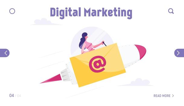 Electronic Message Express Delivery Website Landing Page. Businesswoman Flying on Rocket with Email Sign and Envelope on Board. Internet Post Service Web Page Banner. Cartoon Flat Illustration vector