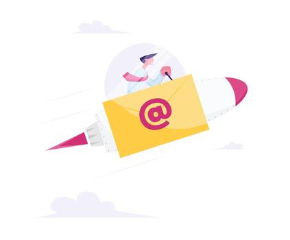 Electronic Message, Business E-mail Concept. Businessman Sitting inside of Spaceship Cabin Flying Fast to Sky on Rocket with Envelope and Email Symbol on Board. Cartoon Flat Illustration vector