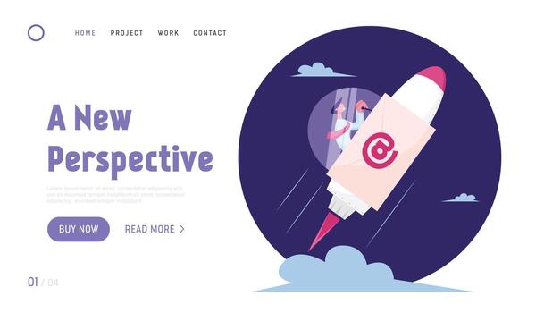 Business Mail, Correspondence Website Landing Page. Businessman Flying Forward to Space on Rocket Engine with Email Sign on Board, Express Message Web Page Banner. Cartoon Flat Illustration vector
