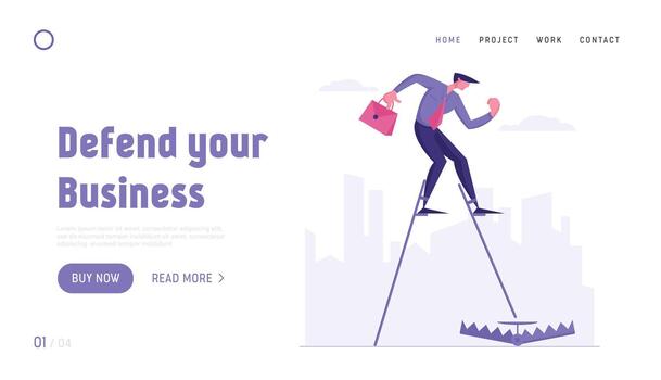 inexperto negocio hombre molesto a evitar problema buscando solución sitio web aterrizaje página. empresario caminando en zancos paso a trampa en suelo web página bandera. dibujos animados plano ilustración vector