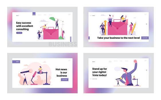 Public Relation, Communication, Business Project Website Landing Page Set. People Working and Developing Startup, Discussion or Presidential Election Web Page Banner. Cartoon Flat Illustration vector