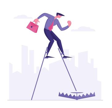 empresario en formal traje con maletín caminando en zancos paso a trampa en suelo. inexperto negocio hombre personaje molesto a evitar problema o buscando solución. dibujos animados plano ilustración vector