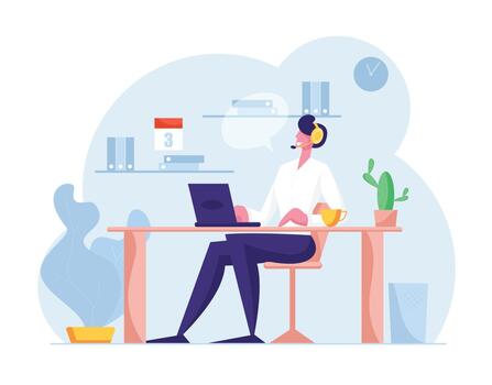 línea directa llamada centro. cliente Servicio personal en auriculares trabajo en computadora. operador y cliente comunicación, técnico apoyo especialista resolver cliente problemas en línea. dibujos animados plano ilustración vector