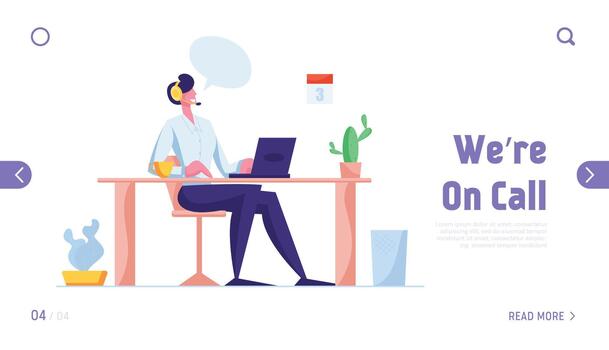 Customer Support Service Website Landing Page. Consultant on Hotline Chat with Client, Telemarketer. Call Center Technical Professional Receptionist Web Page Banner. Cartoon Flat Illustration vector