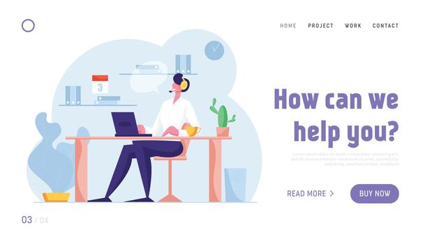 línea directa llamada centrar sitio web aterrizaje página. cliente Servicio personal en auriculares trabajo en computadora. operador y cliente comunicación, técnico apoyo web página bandera. dibujos animados plano ilustración vector