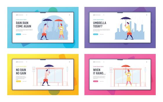Spring Autumn Rain Meteorology Forecast Website Landing Page Set. Man with Briefcase Woman with Bread Waiting Transport with Umbrellas on Bus Station Web Page Banner. Cartoon Flat Illustration vector