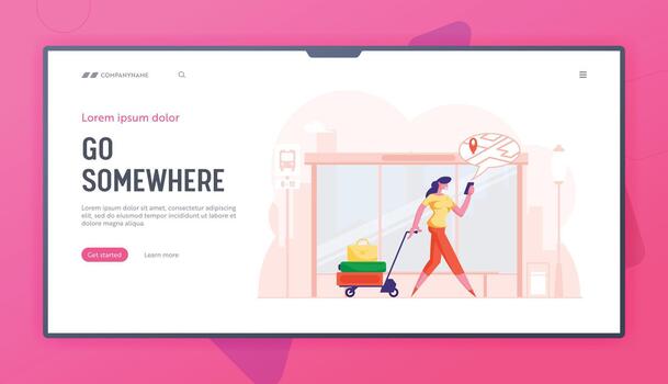 Online Navigation App Website Landing Page. Woman Pulling Trolley with Luggage Pass By Bus Stop Watching on Mobile Phone Screen with Gps Map Pointer Web Page Banner. Cartoon Flat Illustration vector