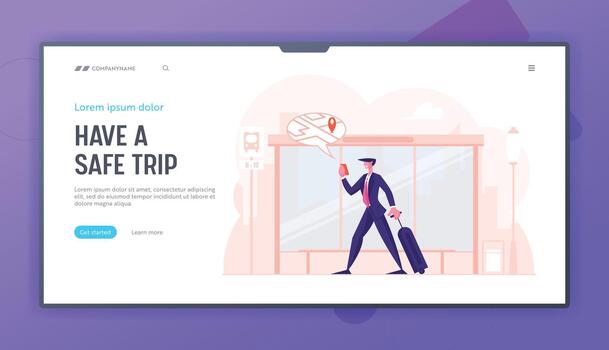 en línea navegación solicitud sitio web aterrizaje página. empresario con equipaje estar en autobús detener acecho en móvil teléfono pantalla con mapa ubicación marcador web página bandera dibujos animados plano ilustración vector