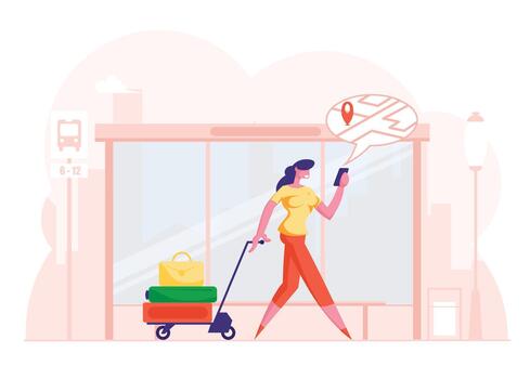 Woman Pulling Trolley with Luggage Pass By Bus Stop Watching on Mobile Phone Screen with Map and Location Marker Geo Tag Gps Pointer. Online Navigation App Concept. Cartoon Flat Illustration vector