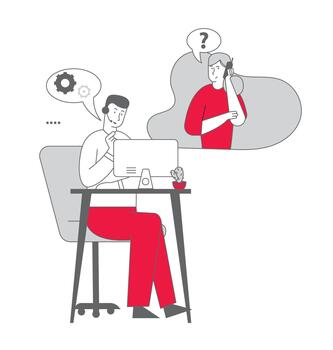 Operator and Client Hotline Communication, Consultation. Technical Support Specialist Sit at Computer in Call Center Answering Client Questions by Telephone. Cartoon Flat Illustration, Line Art vector