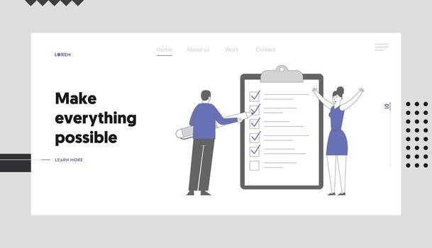 Searching Solution and Thinking New Idea Website Landing Page. Businessman Put Marks into Check Boxes Filling Checklist on Huge Clipboard Web Page Banner. Cartoon Flat Illustration, Line Art vector