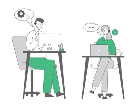 Smiling Friendly Male and Female Call Center Agents with Headset Working on Support Hotline in Office Helping Clients to Figure Out with their Problems. Cartoon Flat Illustration, Line Art vector