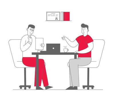 Hr Department Employee Reading Candidate Resume for Interview and Work Employment. Negotiation with Future Worker Good First Impression Introduction with Boss Cartoon Flat Illustration Line Art vector