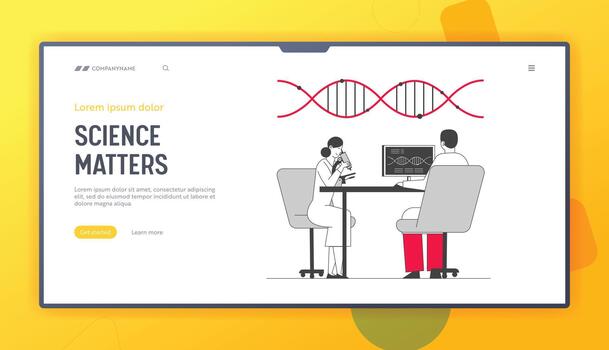 Dna Engineering and Genetics Science Website Landing Page. Scientists Conducting Scientific Experiment in Laboratory with Microscope and Pc Web Page Banner. Cartoon Flat Illustration, Line Art vector
