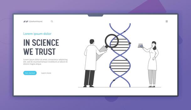 Medicine Technology Genetic Testing Website Landing Page. Scientists Working with Dna Looking through Magnifying Glass. Laboratory Research Web Page Banner. Cartoon Flat Illustration, Line Art vector