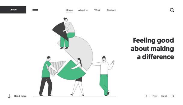 Team Partnership, Teamwork Cooperation Website Landing Page. Business People Connect Huge Pie Chart Elements. Characters Set Up Separated Construction Web Page Banner. Cartoon Flat Illustration vector