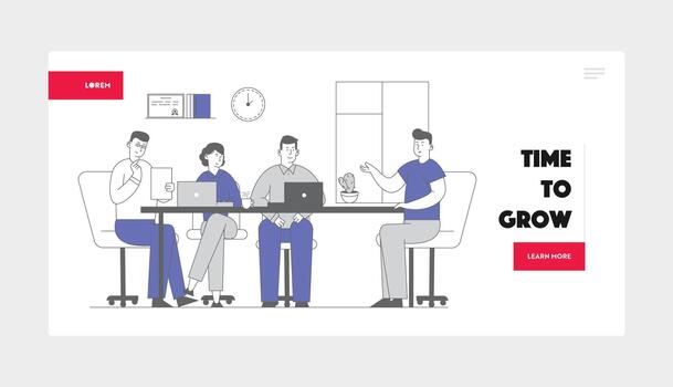 Job Interview with Selection Committee Website Landing Page. Manager Ask Question to Applicant About Work History Skill Expertise Experience Web Page Banner. Cartoon Flat Illustration, Line Art vector