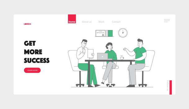 Hr Manager Hold Candidate Resume at Job Interview. Website Landing Page. Man Tell about Working Skill Ideas and Work Experience to Committee Web Page Banner. Cartoon Flat Illustration, Line Art vector