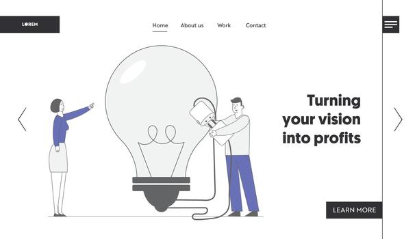 Brainstorm Research Website Landing Page. Business Team Work on Project Searching for Creative Idea. Woman Pointing Huge Light Bulb, Man Switch on Plug Web Page Banner Cartoon Flat Illustration vector