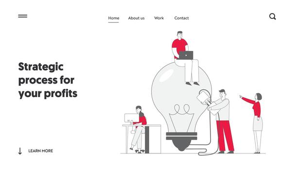 Teamworking and Searching Idea Website Landing Page. Business Team Search Insight for Project Development Stand at Huge Turned Off Light Bulb with Plug Web Page Banner Cartoon Flat Illustration vector