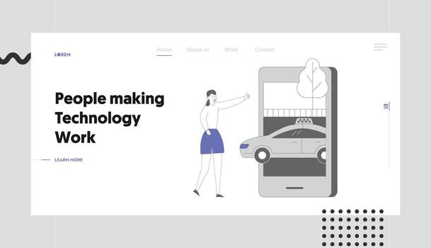 Smart App for Auto Order by Phone Website Landing Page. Woman Ordering Taxi Using Mobile Application on Smartphone. Customer Waiting Car Web Page Banner. Cartoon Flat Illustration, Line Art vector