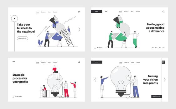 Business Idea, Teamwork Cooperation and Partnership Website Landing Page Set. Businesspeople Set Up Pie Chart, Switch on Huge Light Bulb. Solution Web Page Banner. Cartoon Flat Illustration vector