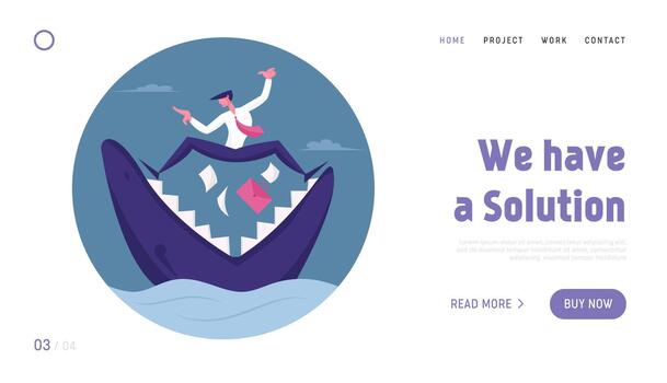 Business Man Trying to Survive in Crisis Website Landing Page. Scared Businessman Stand on Jaws of Shark with Briefcase and Documents Falling in Chops Web Page Banner. Cartoon Flat Illustration vector