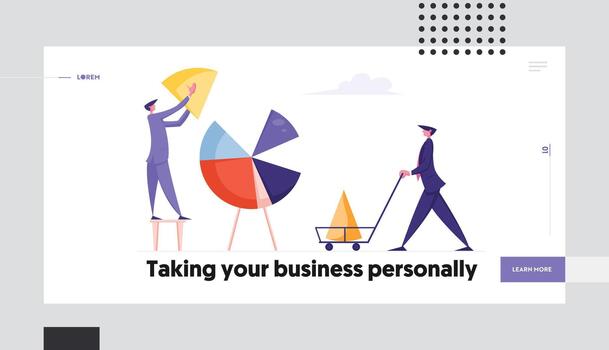 Financial Analytics, Statistics Website Landing Page. Business People Put Huge Pieces of Pie Chart Together. Man Pushing Cart with Data Graph Part Web Page Banner. Cartoon Flat Illustration vector