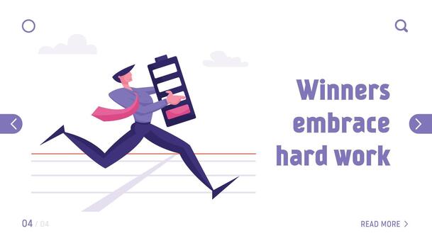 desafío para trabajo liderazgo sitio web aterrizaje página. agotado empresario corriendo en estadio con enorme batería con rojo bajo energía indicador en manos web página bandera. dibujos animados plano ilustración vector