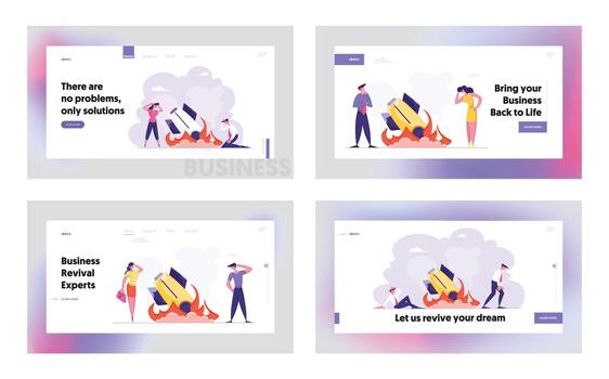 Unplanned Business Loss and Fail Website Landing Page Set. Management Failed to Achieve Profit. Businesspeople Looking on Rocket Spaceship Fall Down Web Page Banner. Cartoon Flat Illustration vector