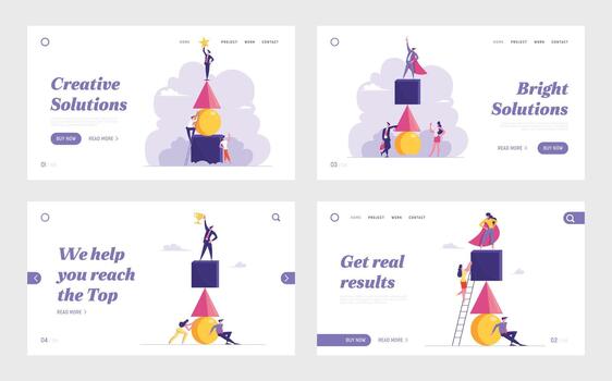 Business Competition, Teamwork, Challenge Website Landing Page Set. Colleague Climb Up by Ladder Trying to Reach Leader on Top of Pyramid. Team Work Web Page Banner. Cartoon Flat Illustration vector