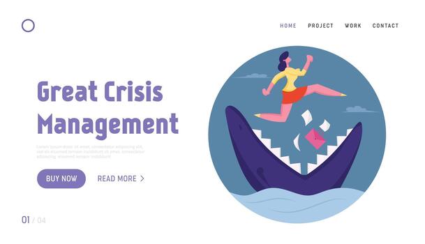Manager Character Avoid Dangerous or Crisis Situation Website Landing Page. Businesswoman Jumping over Shark with Open Jaws in Ocean Drop Documents Web Page Banner. Cartoon Flat Illustration vector