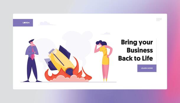Startup Crash, Business Failure Website Landing Page. Business Man and Woman Stand at Fallen Rocket Trying to Realize Mistake in Business Strategy Web Page Banner. Cartoon Flat Illustration vector