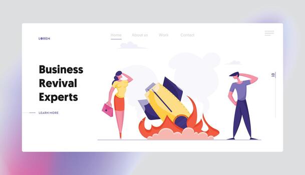 puesta en marcha cohete choque sitio web aterrizaje página. administración errores y problemas, primero malo experiencia de trabajadores gente de negocios conmocionado acerca de fracaso web página bandera. dibujos animados plano ilustración vector