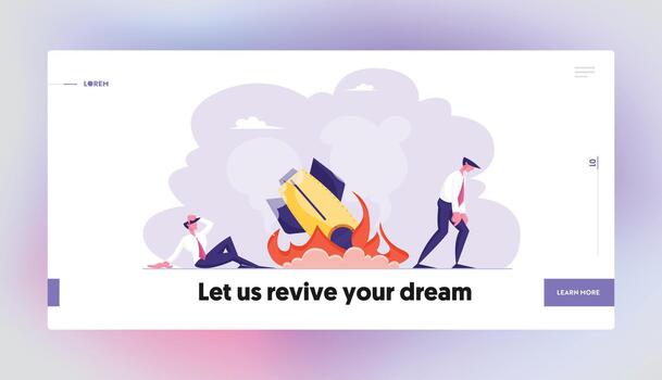 Company Startup Idea Failed. Bad Fortune, Fiasco Website Landing Page. Shocked Business Men Looking on Burning Spaceship or Rocket Fall Down on Ground Web Page Banner. Cartoon Flat Illustration vector