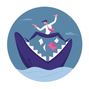 Scared Businessman Stand on Jaws of Huge Shark with Briefcase and Documents Falling in Chops. Business Man Trying to Survive in Crisis, Bank Demand Debt from Client Cartoon Flat Illustration vector