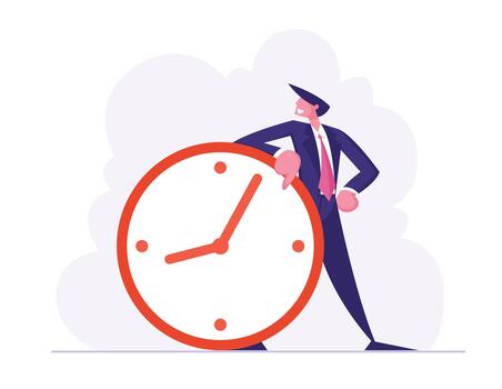 Time Management, Procrastination in Business Process Concept. Businessman Stand at Huge Clock with Arm Akimbo Working Productivity Planning and Scheduling Infographics Cartoon Flat Illustration vector