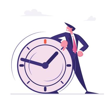 Self Confident Businessman Leaning on Huge Clock. Deadline, Time Management in Working Process and Procrastination Concept. Planning and Strategy for Business Solution Cartoon Flat Illustration vector