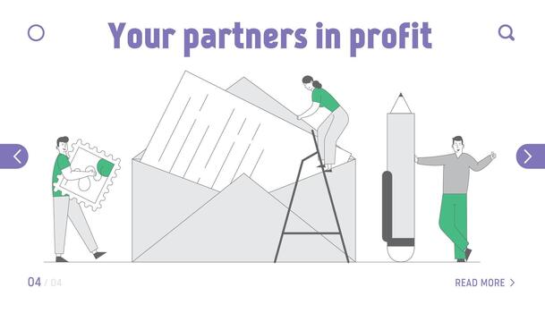 People Sending Mail to Friends Website Landing Page. Tiny Woman Stand on Ladder Put Paper Letter with Text into Huge Envelope, Man with Stamp Web Page Banner. Cartoon Flat Illustration Line Art vector