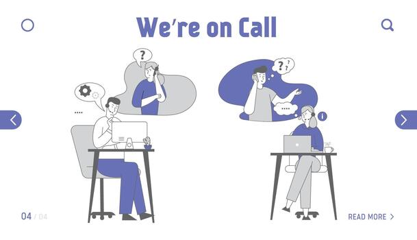 línea directa Servicio sitio web aterrizaje página. llamada centrar personal en auriculares chateando con clientes en computadora y teléfono. técnico en línea apoyo web página bandera. dibujos animados plano ilustración, línea Arte vector