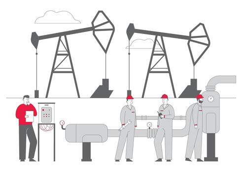 Gas Industry Concept with Male Characters Working on Pipeline. Engineer Control Pipe, Workers in Uniform and Hardhats Holding Instruments on Production Line. Cartoon Flat Illustration, Line Art vector