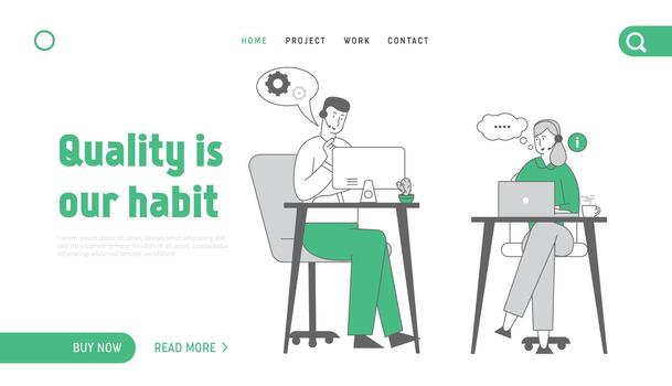 Call Center Website Landing Page. Agents with Headset Working on Support Hotline in Office Helping Clients to Figure Out with their Problems Web Page Banner. Cartoon Flat Illustration, Line Art vector