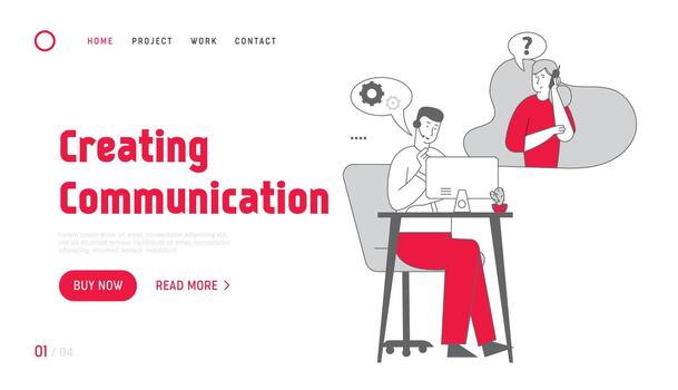Operator and Client Hotline Communication, Consultation Website Landing Page. Technical Support Specialist Answer Client Question by Phone Web Page Banner. Cartoon Flat Illustration, Line Art vector