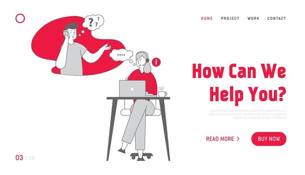 Technical Receptionist Customer Support Service Website Landing Page. Hotline Consultant Chatting with Client in Call Center Answer Questions Web Page Banner Cartoon Flat Illustration, Line Art vector