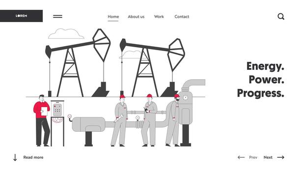 Gas Industry Website Landing Page. Man Engineer Control Pipe, Workers in Uniform and Hardhats Holding Instruments on Production Pipeline Web Page Banner. Cartoon Flat Illustration, Line Art vector