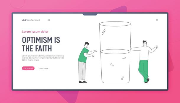 Optimist and Pessimist Website Landing Page. Men Stand at Water Glass Discussing if it is Half Full or Empty. Positive Negative Life Attitude Web Page Banner. Cartoon Flat Illustration Line Art vector