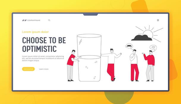 positivo y negativo pensando sitio web aterrizaje página. pesimista y optimista masculino caracteres estar a enorme medio lleno o vacío vaso con agua web página bandera. dibujos animados plano ilustración línea Arte vector