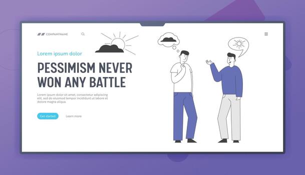 Different Points of View Website Landing Page. Couple of Men Discussing. Pessimist Optimist Friends Communicate with Sun and Cloud Thoughts Web Page Banner. Cartoon Flat Illustration, Line Art vector
