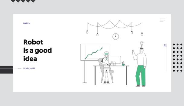 Artificial Intelligence and Human Communication Website Landing Page. Man Have Creative Idea, Robot Work in Office. Futuristic Technologies Web Page Banner. Cartoon Flat Illustration, Line Art vector